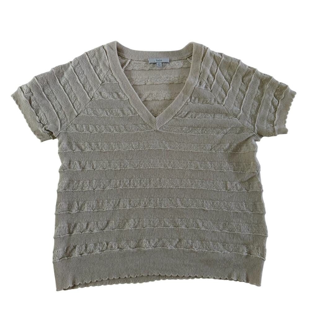 Joie Tan 100% Wool Scallop Knit Short Sleeve Sweater M V Neck Minimalist Capsule